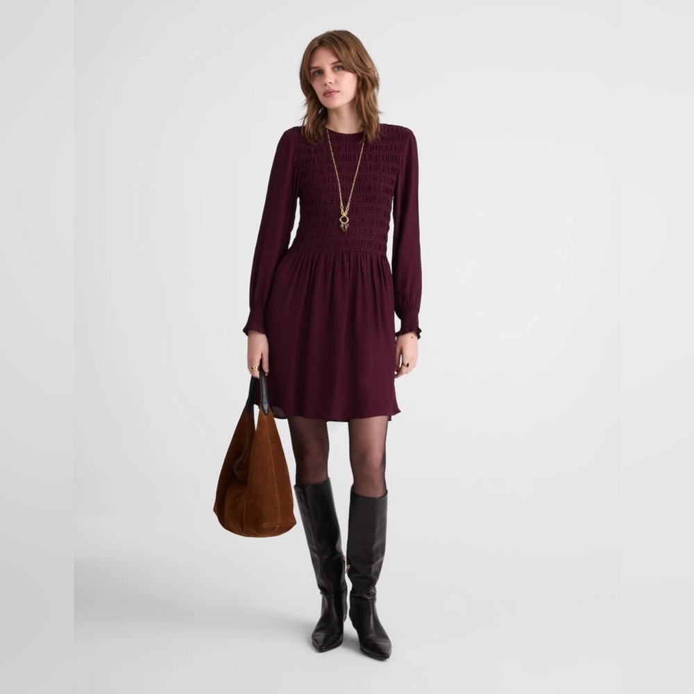 NWT Madewell Long-Sleeved Smocked Mini Dress Size XXS Dark Pomegranate